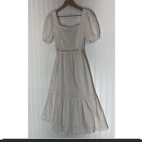 Draper James RSVP White Eyelet Puff Sleeve Tiered Dress Midi Cotton M Cottage - Picture 1 of 9
